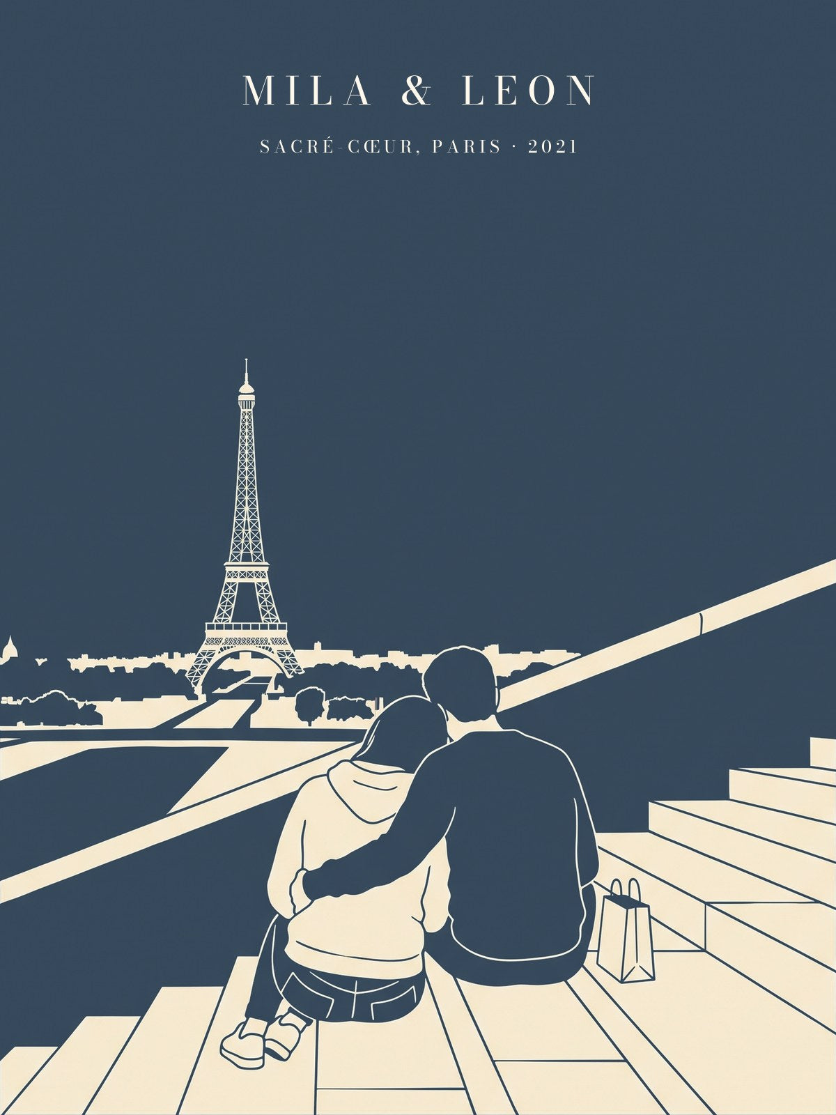 Euer Moment — Poster in Petrol mit zwei ausgesparten Figuren auf den Stufen vor dem Eiffelturm in Paris, Arm um die Schulter